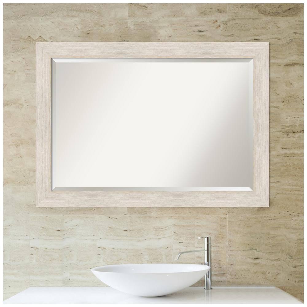 Amanti Art Beveled Wood Bathroom Wall Mirror - Hardwood Whitewash Frame - Hardwood White Wash Outer Size: 41 x 29 in