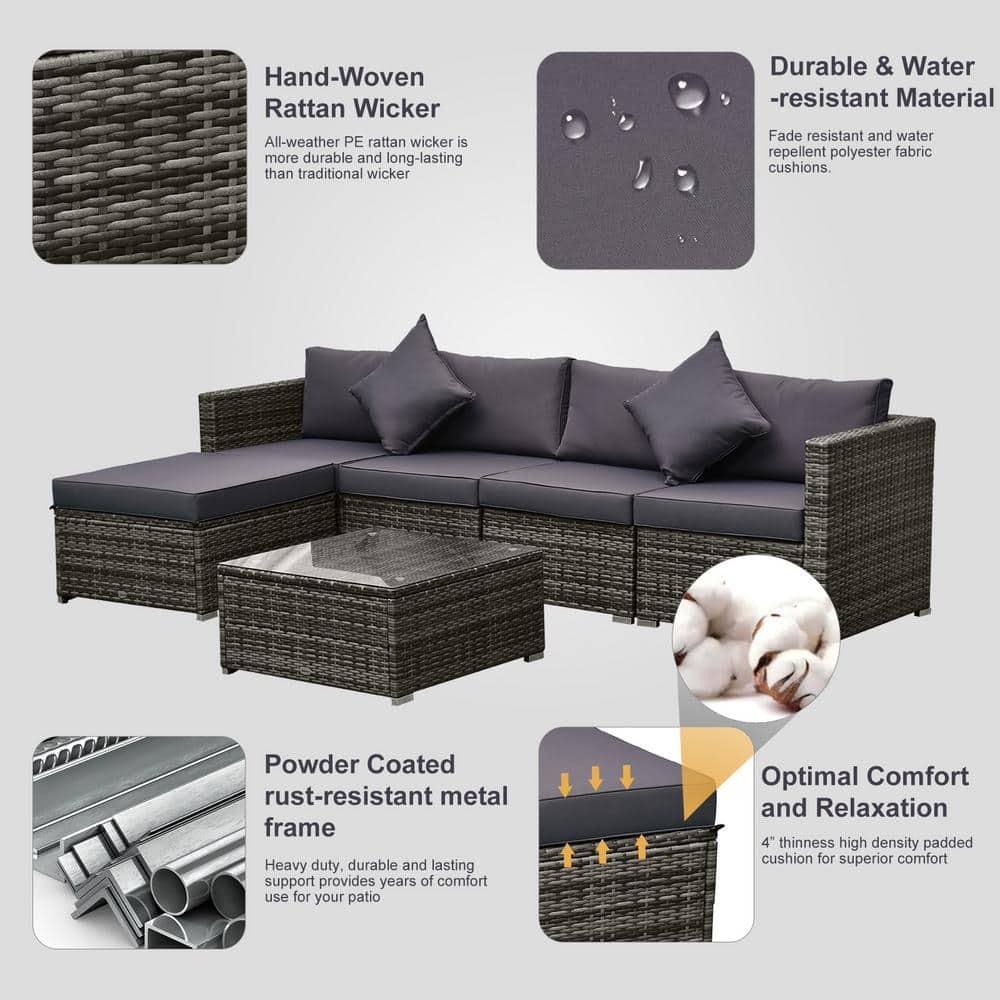 Outsunny 6 Pieces Patio Furniture Sets Outdoor Wicker All Weather PE Rattan Sectional sofa set with Ottoman, Cushions & Tempered Glass Desktop, Gray