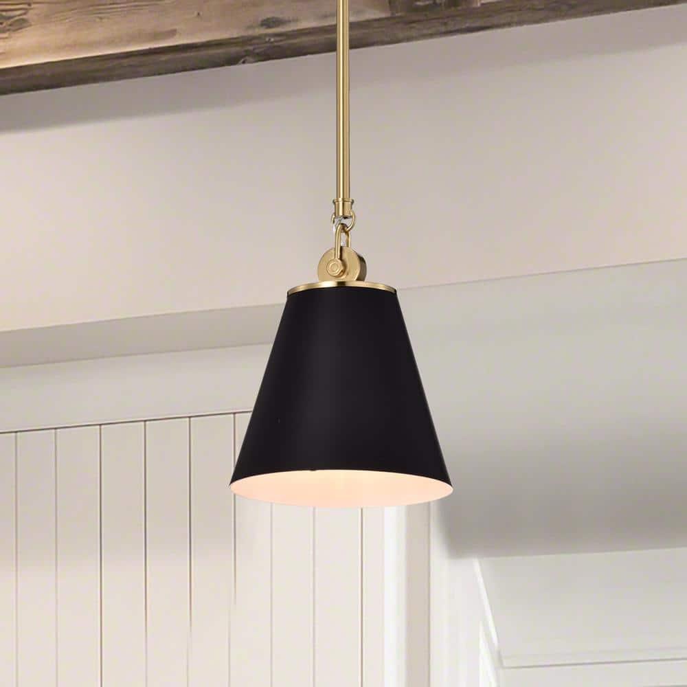 Dover Mini Pendant in Black with Vintage Brass Trim and White Lining