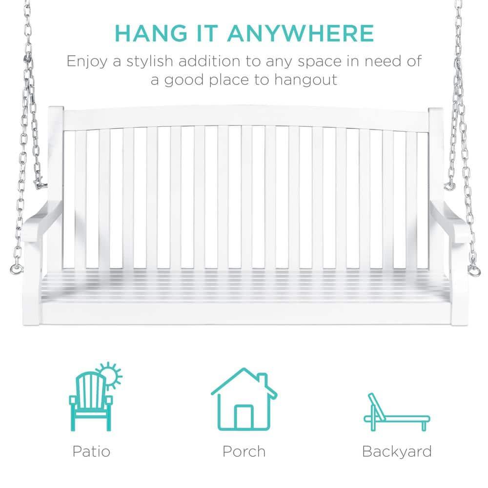 Best Choice Products 48in Wood Porch Swing Outdoor Patio Hanging Bench Chair w/ Mounting Chains, 500lb Capacity - White