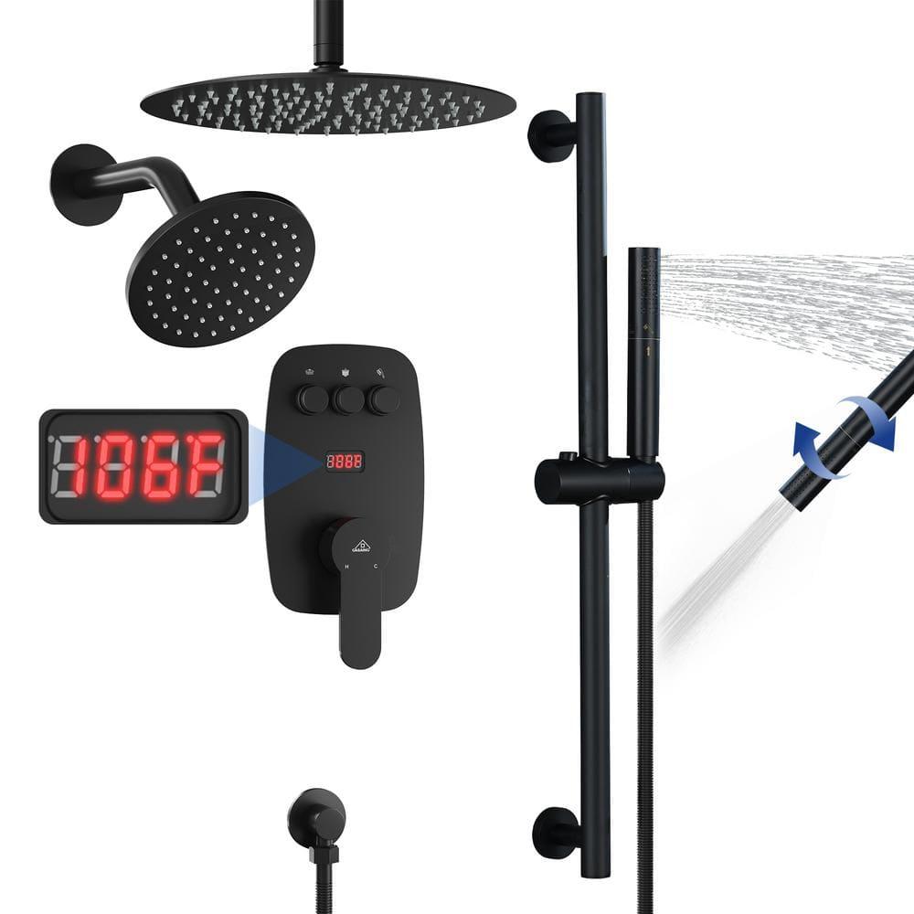 Rainfall Symphony 12inch Dual Showerhead Temperature Display Shower System with 2 in 1 Slider Bar Shower Handheld