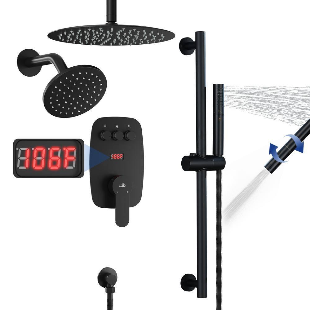 3-Function 12 Inch Temperature Digital Display Shower System With 2-Setting Slider Bar Handheld And 4Pcs Body Jets