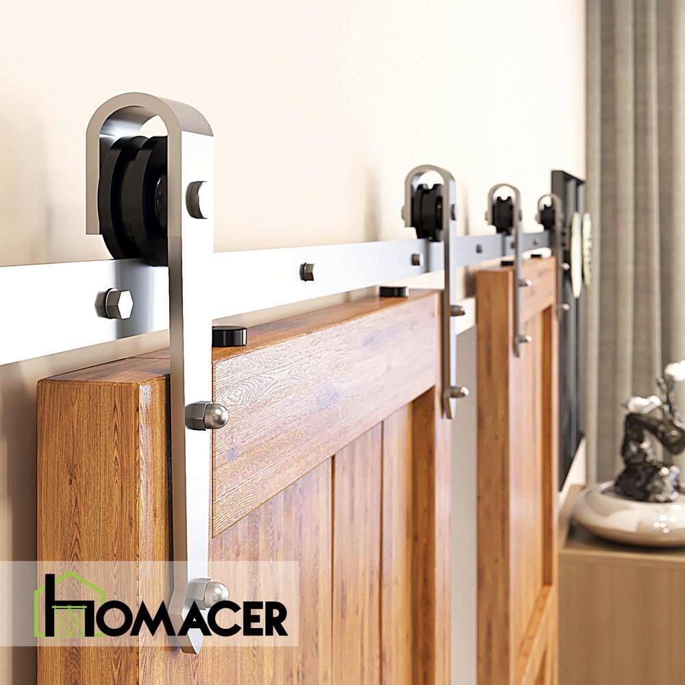 Homacer Brushed Nickel Sliding Barn Door Hardware Kit, for Two/Double Doors, 7ft Long Flat Track, Arrow Design Roller, Heavy Duty, for Interior & Exterior Use