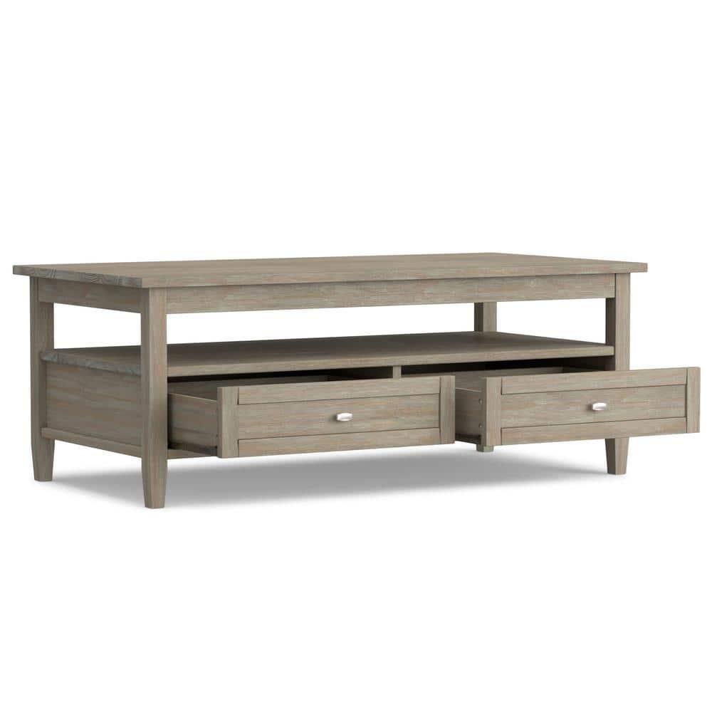 Simpli Home Warm Shaker 48"W Solid Wood Coffee Table with Two Storage Drawers and Open Shelf