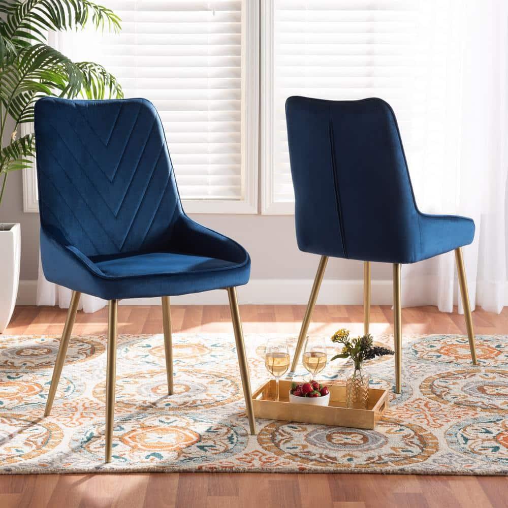 2pc Priscilla Velvet Fabric Upholstered Metal Dining Chair Set Navy Blue/Gold - Baxton Studio