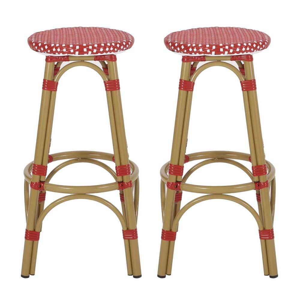 Wilbur Aluminum and Wicker Outdoor 29.5 Inch Barstools, Set of 2, Red, White, and Bamboo Finish