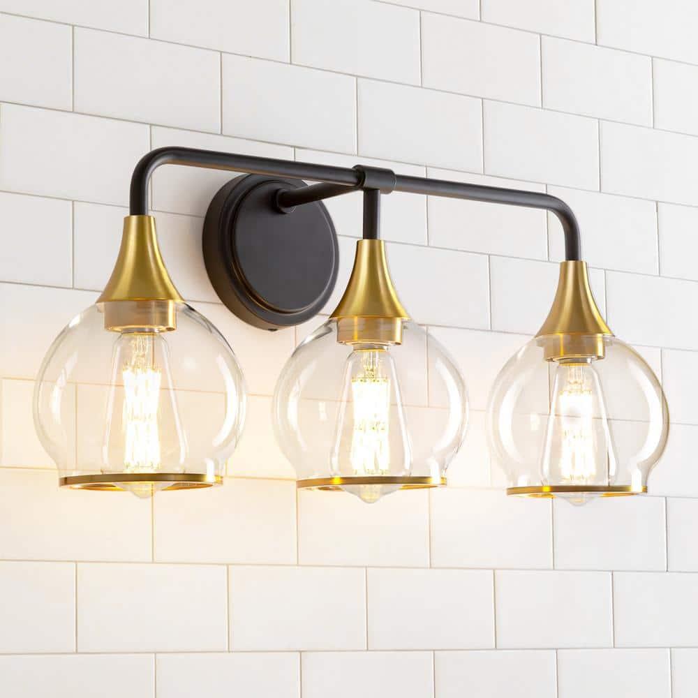 KAISITE 3-Light Black & Gold Dimmable Vanity Light with Clear Glass Shades