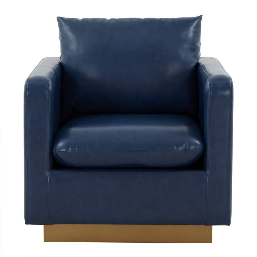 LeisureMod Nervo Modern Leather Upholstered Accent Arm Chair With Gold Frame in Navy Blue