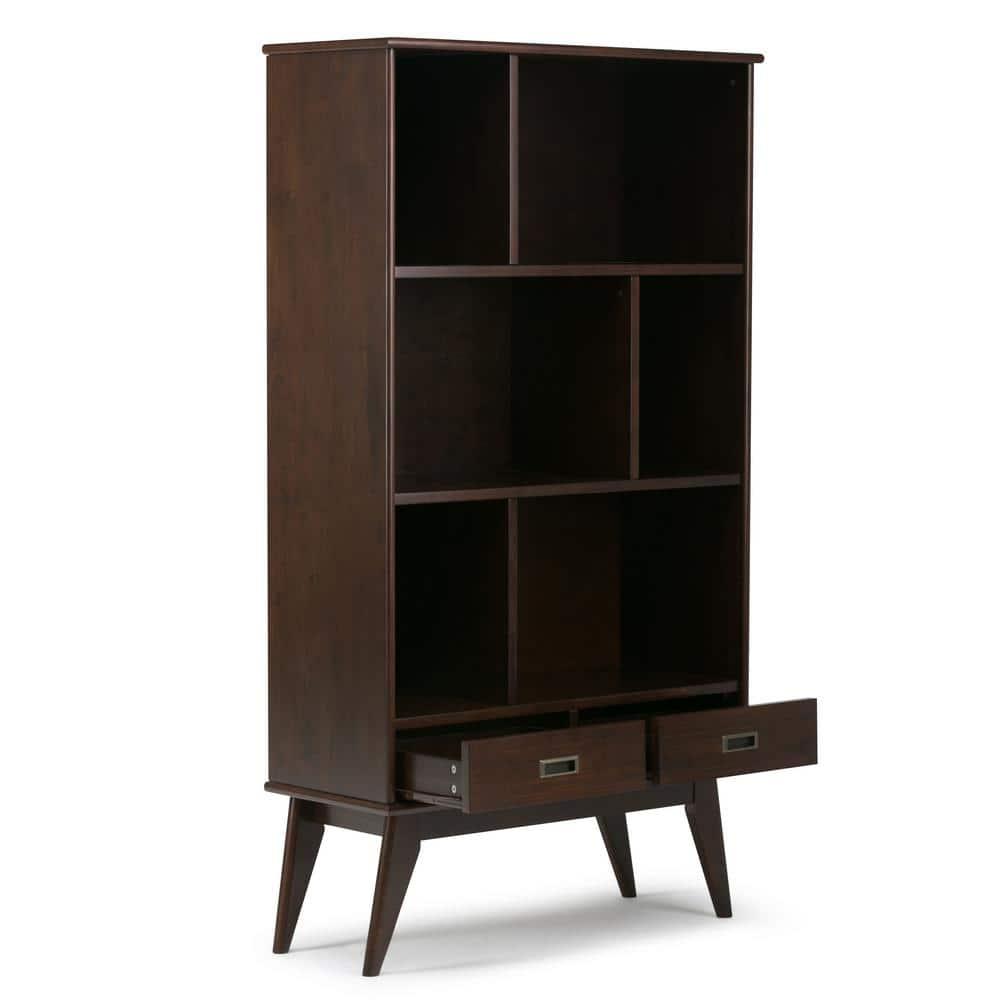 Simpli Home Draper 35"W Solid Hardwood 6 Shelf Compartment Mid-Century Modern Wide Bookcase with 2 Drawers