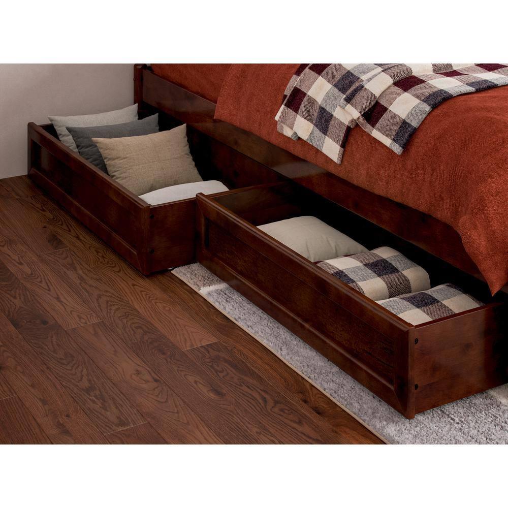 Barcelona Full Solid Wood Panel Platform Bed with Storage Drawers in Walnut