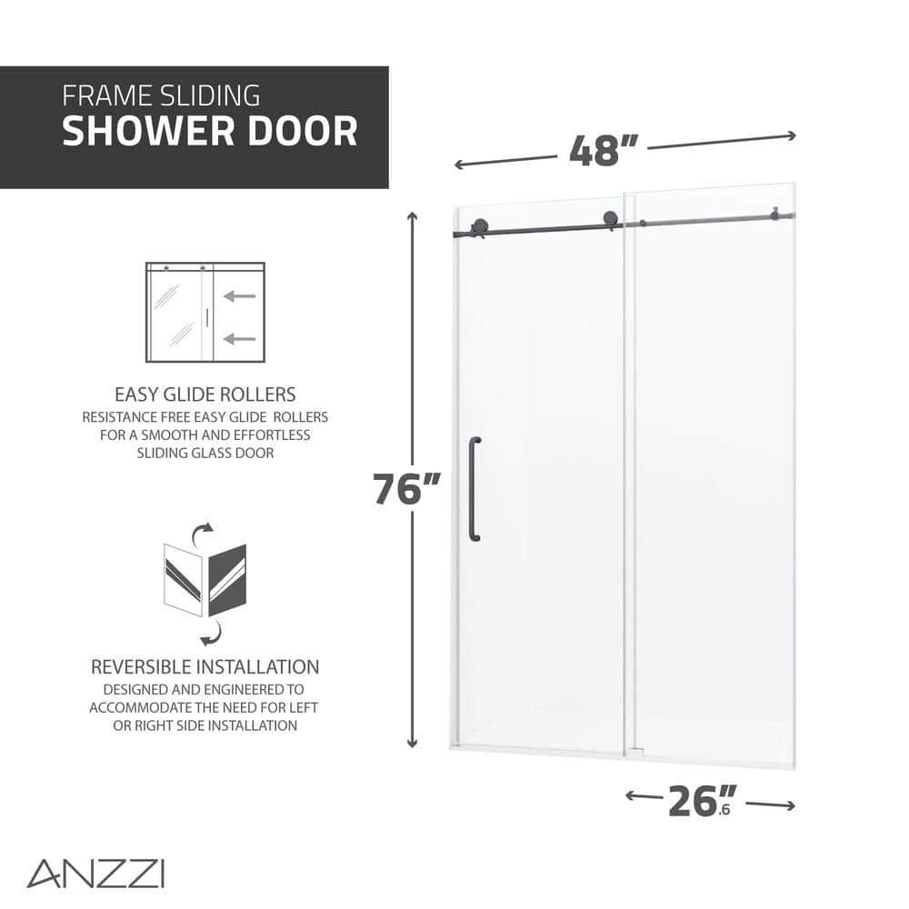 Madam Series 48 In. By 76 In. Frameless Sliding Shower Door In Gunmetal With Clear Tempered Glass And Tsunami Guard