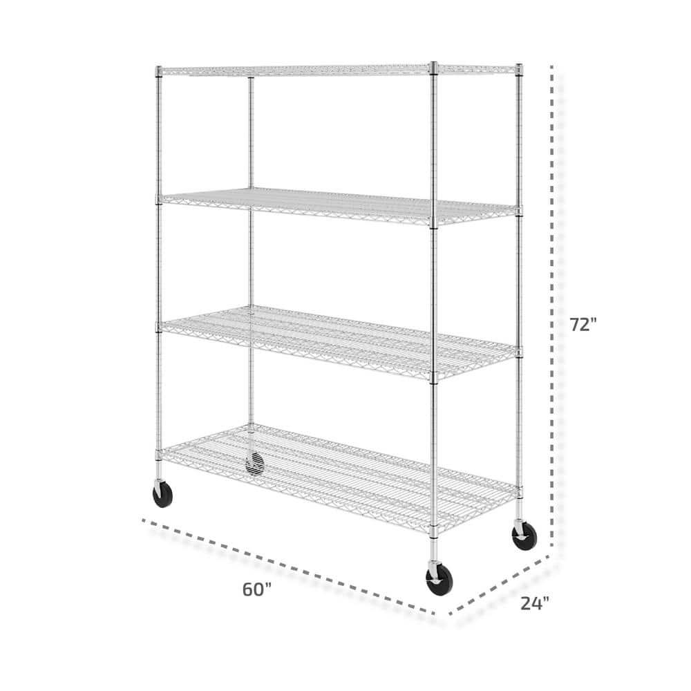 SafeRacks WS-602472-ZW4 24 x 60 x 72-Inch 4-Tier Storage Heavy-Duty 350-Pound Shelf Steel Wire Shelving Rack with Wheels, Stainless