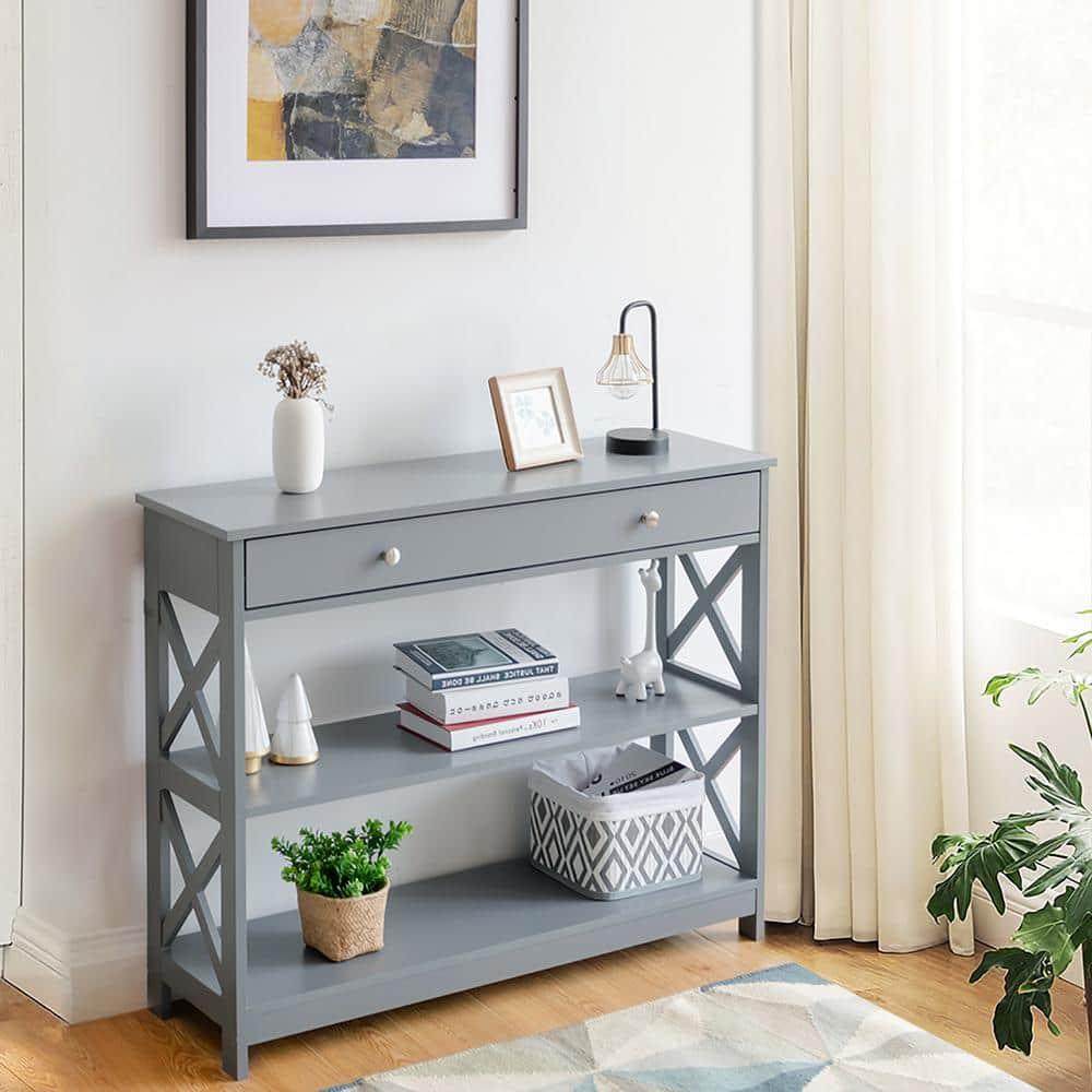 Costway 3-Tier Console Table X-Design Sofa Entryway Table with Drawer & Shelves Gray