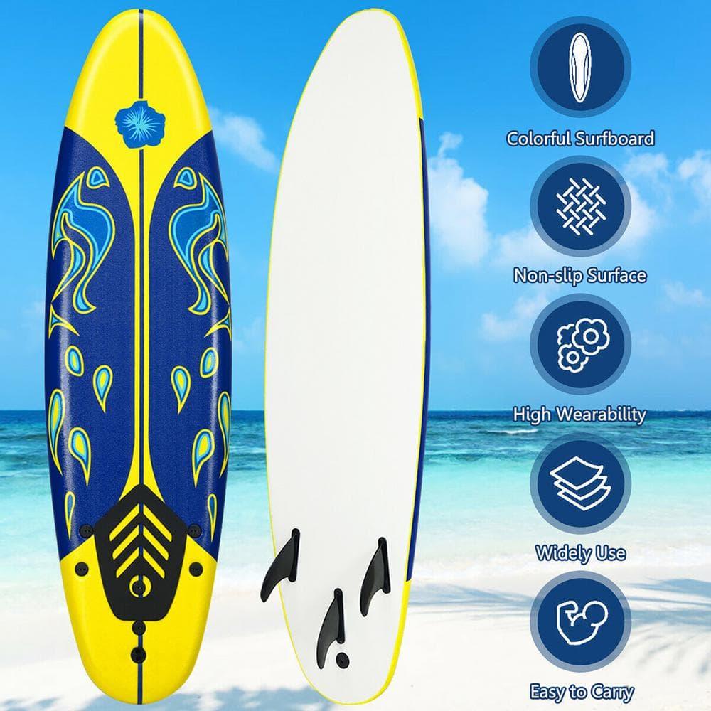 Costway 6' Surfboard Foamie Body Surfing Board W/3  Fins & Leash for Kids Adults Yellow