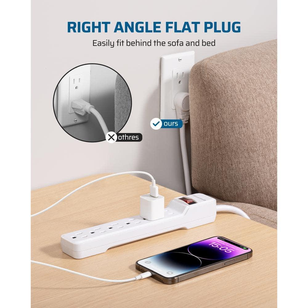 DEWENWILS 6-Outlet Power Strip Surge Protector, 15ft. Extra Long Extension Cord, 500 Joules, Flat Plug, White