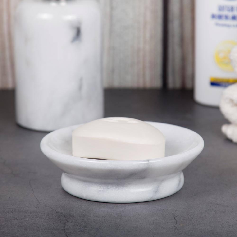 Creative Home Genuine Natural Marble Round Bar Soap Dish Soap Tray Holder Countertop Organizer, 5" Diam. x 1.5" H, Off-White