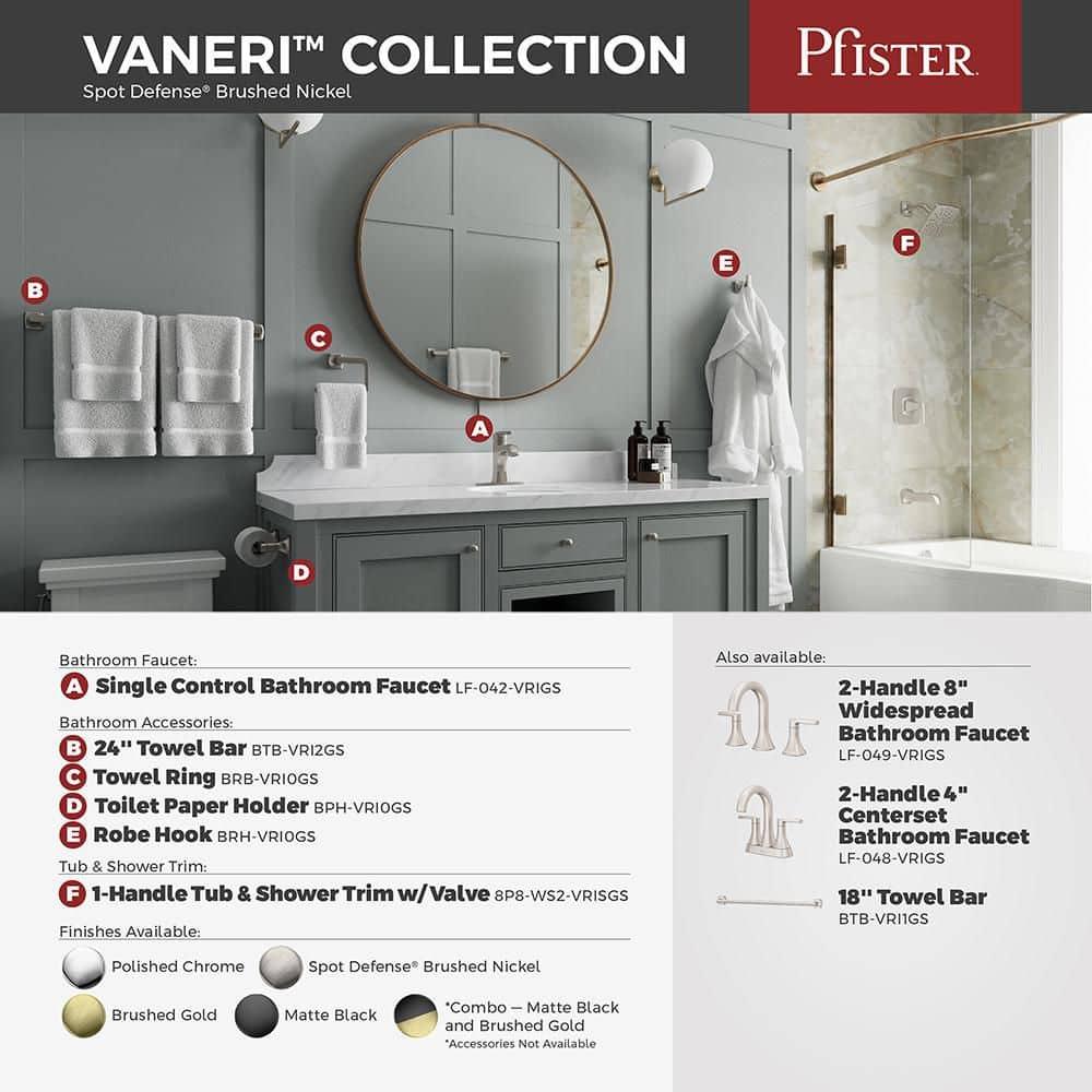 Pfister Vaneri Bath Towel Bar for Bathroom, 24-Inch, Wall-Mounted, Screw-In, Spot Defense Brushed Nickel Finish, BTBVRI2GS