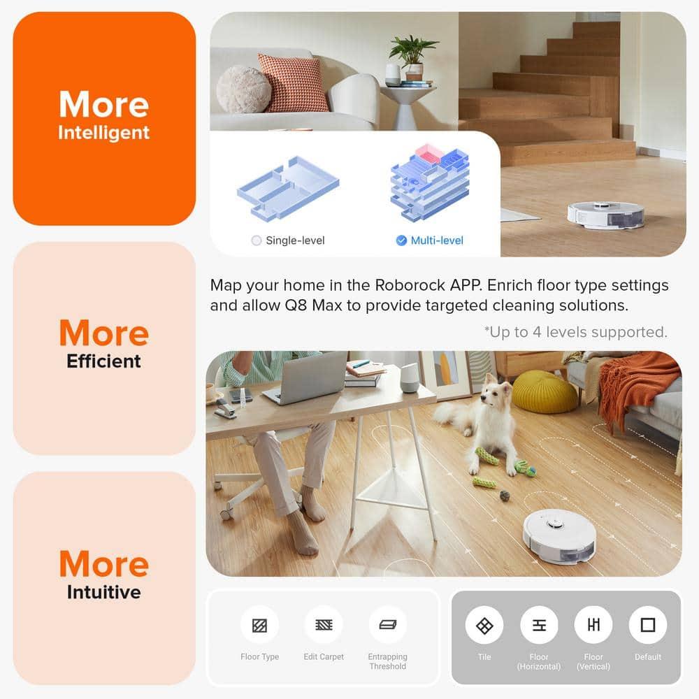 Q8 Max Robotic Vacuum White: Roborock, Cordless, Smart Mapping, App Controlled, Tangle-Free, Multi-Surface, 1-Year Warranty