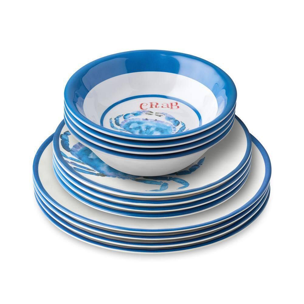 Certified International Beach House Crab 12-Piece Melamine Dinnerware Set – Blue & White Nautical-Themed Plates & Bowls – Shatterproof, Lightweight, and Dishwasher-Safe Coastal Tableware for Indoor & Outdoor Dining
