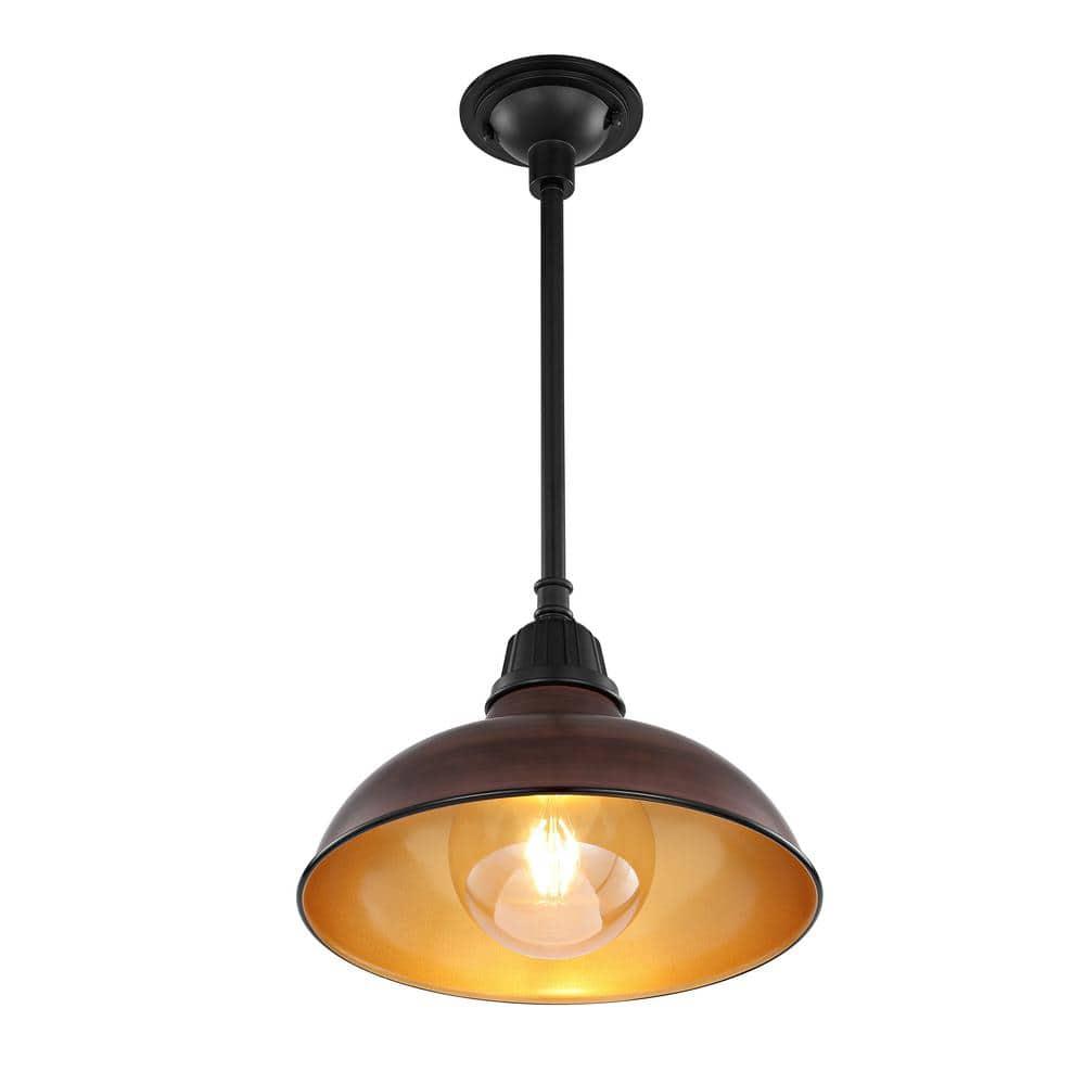 Jasper 12.25" 1-Light Farmhouse Industrial Indoor/Outdoor Iron LED Pendant, Wood Finish/Copper