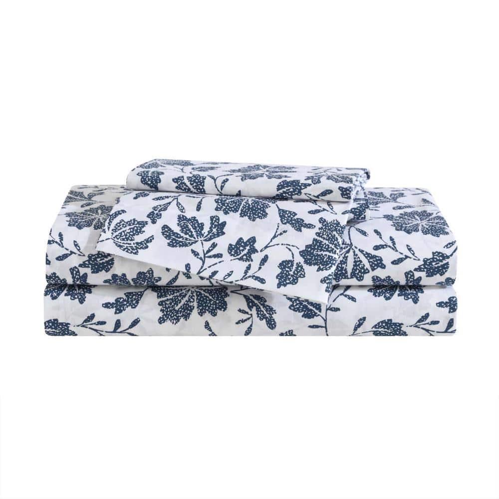 Queen Blue Floral Cotton Percale Deep Pocket Sheet Set