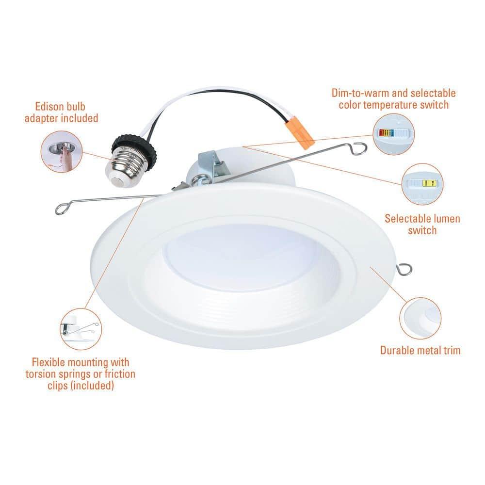 HALO RL Series 5/6 inch Recessed LED Retrofit Light, Selectable CCT 2700K-5000K Integrated LED, Dim to Warm, White Retrofit Baffle Trim, 600 Lumens