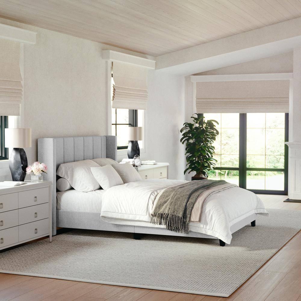 Martha Stewart Kay Upholstered Platform Bed With Channel Stitched Wingback Headboard
