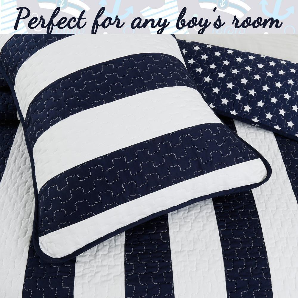 Navy Blue and White Striped Microfiber King Quilt Set