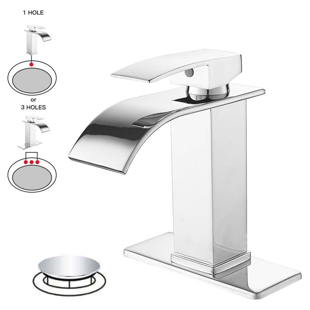 Midanya Waterfall Spout Bathroom Faucet Single Handle 1 Hole Bathroom Sink Faucet,Modern RV Lavatory Vanity Basin Tap with Water Hose,Short Body,Polish Chrome