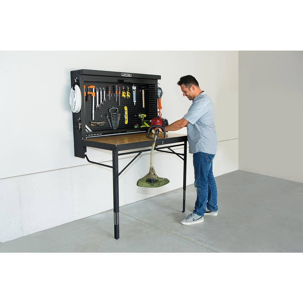 Lifetime Wall Mounted Pegboard Shelf Storage Wood and Steel Folding Work Table