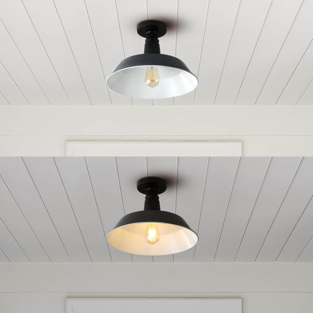 JONATHAN Y JYL7617C Camila 14" 1-Light Classic Industrial Indoor/Outdoor Iron LED Semi Flush Mount Mid-Century, Rustic 2700K Cozy Warm Light Kitchen Hallway Bathroom Stairwell, Navy/White