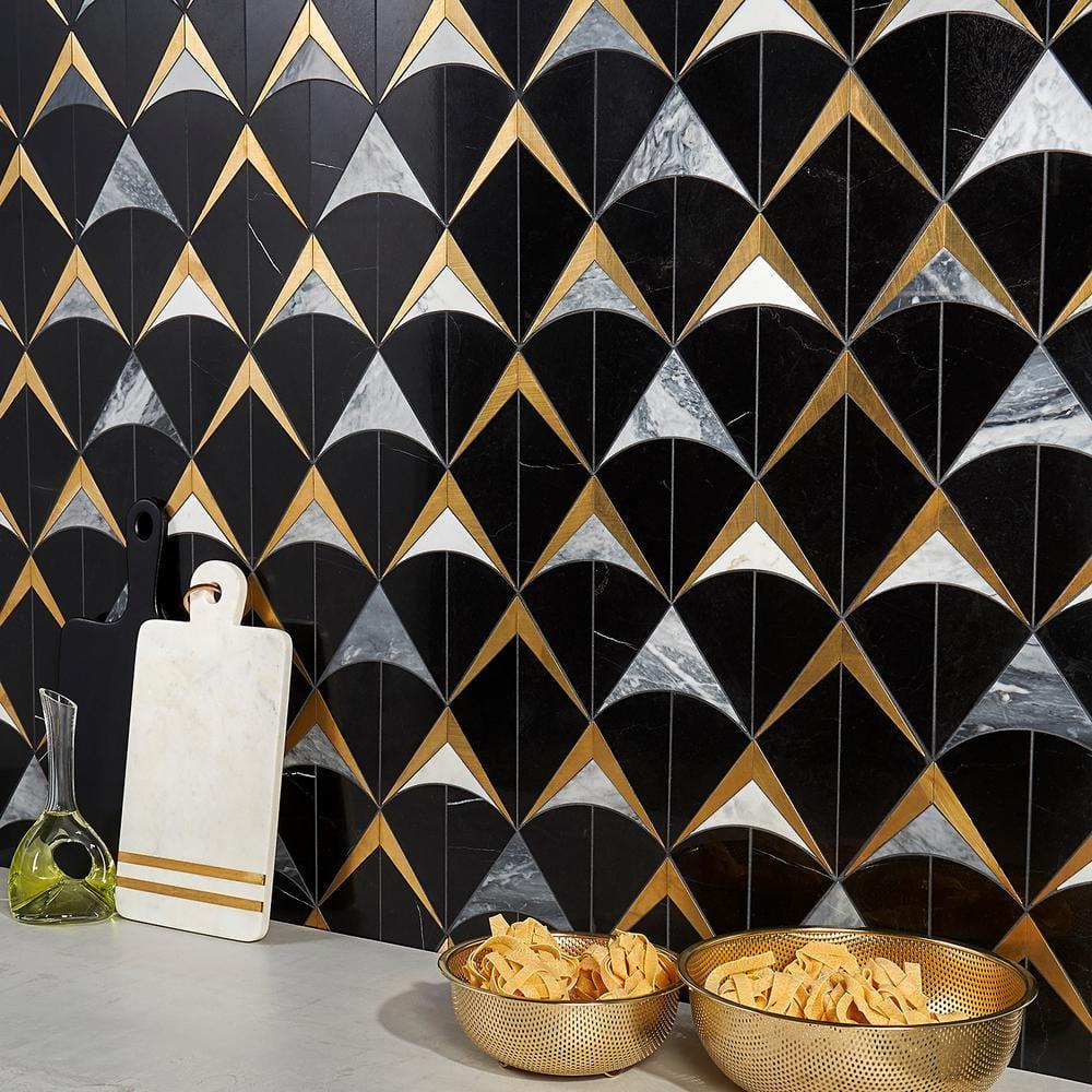 Larvotto 8.3 in. x 11.65 in. Polished Marble and Brass Mosaic Wall Tile (0.67 Sq. Ft. / Sheet)