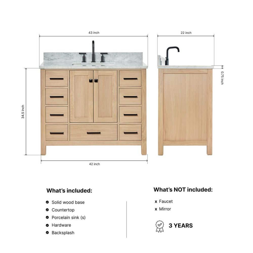 Ariel Cambridge 43 Inch Bathroom Vanity With Italian Carrara Marble Countertop 0.75 inch In Oak