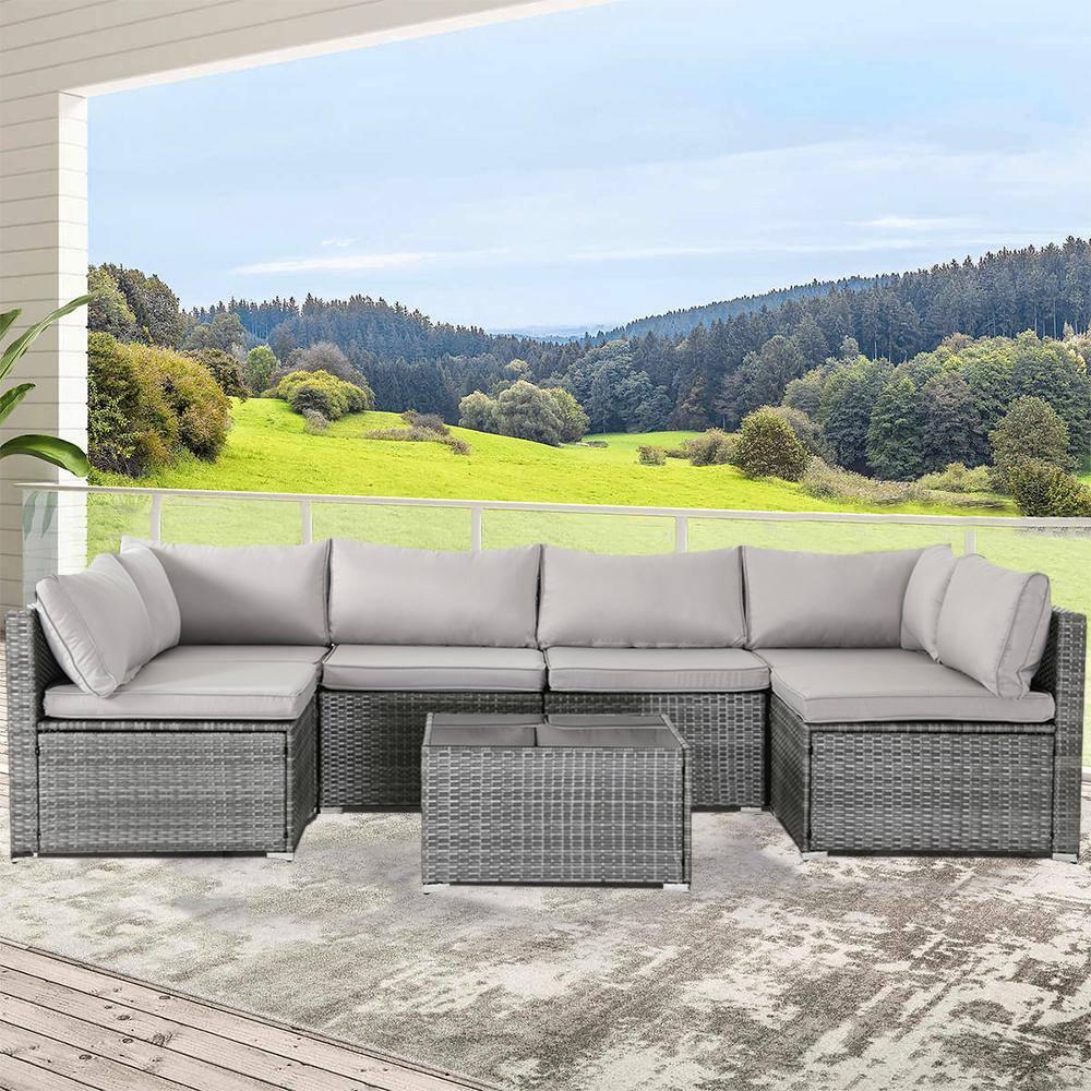 Valita 7 Piece Outdoor PE Wicker Furniture Set, Patio Gray Rattan Sectional Sofa Couch with Washable Grey Cushions