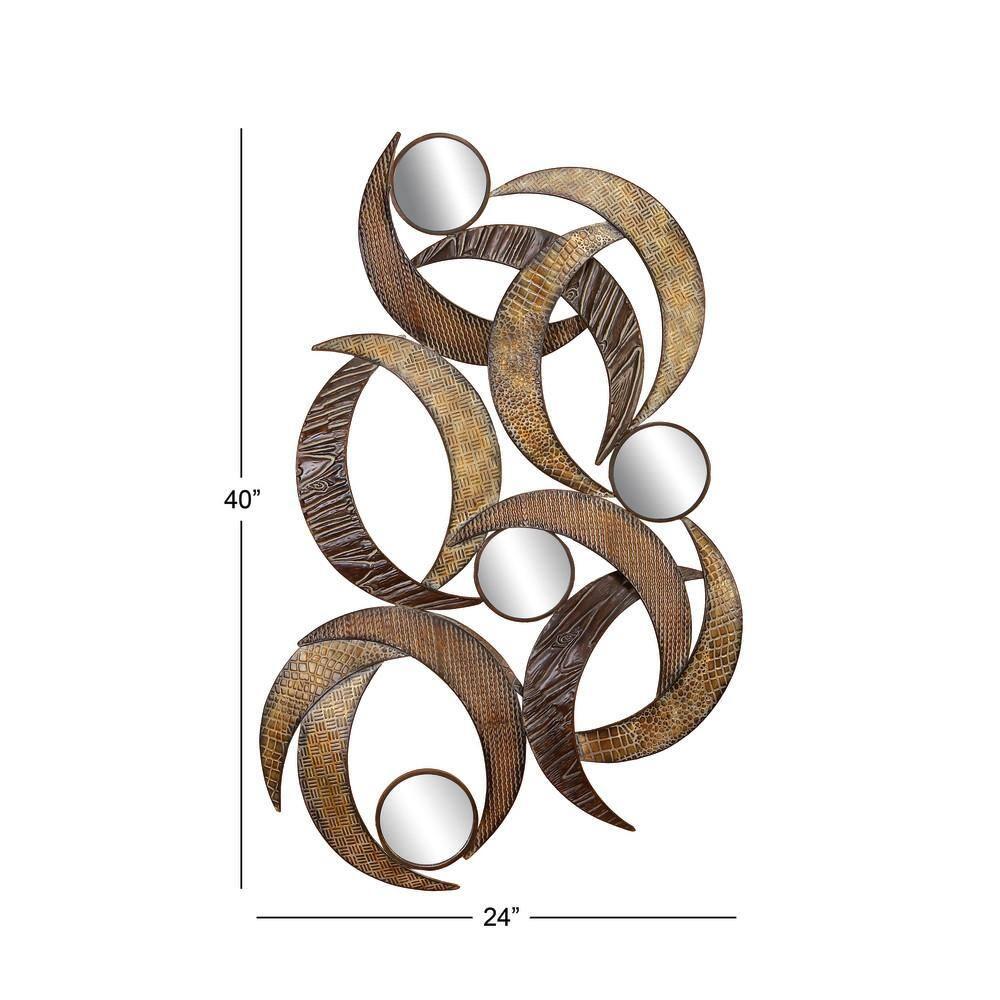 DecMode Contemporary Curved Metal Stips with Indigenous Patterns Wall Décor, 24"W x 40"H Features Gray, Brown, Maroon and Yellow Polished Finish