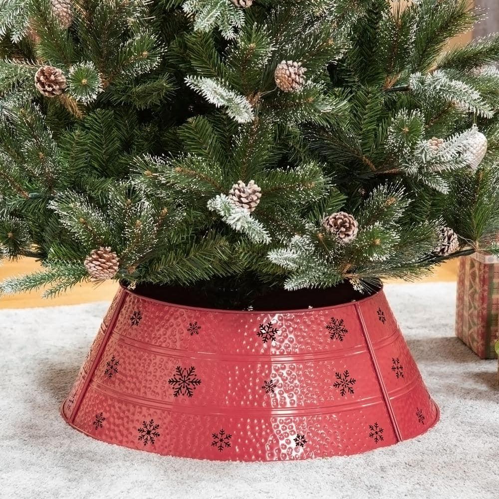 HOMCOM Christmas Tree Collar Steel Tree Ring Skirt, Home Xmas Decoration with Snowflake Engraving, 26" Base, Red