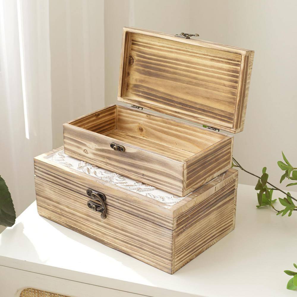 Wooden Box Set of 2 - Rustic Farmhouse Decorative Boxes with Hinged Lid and Carved Design