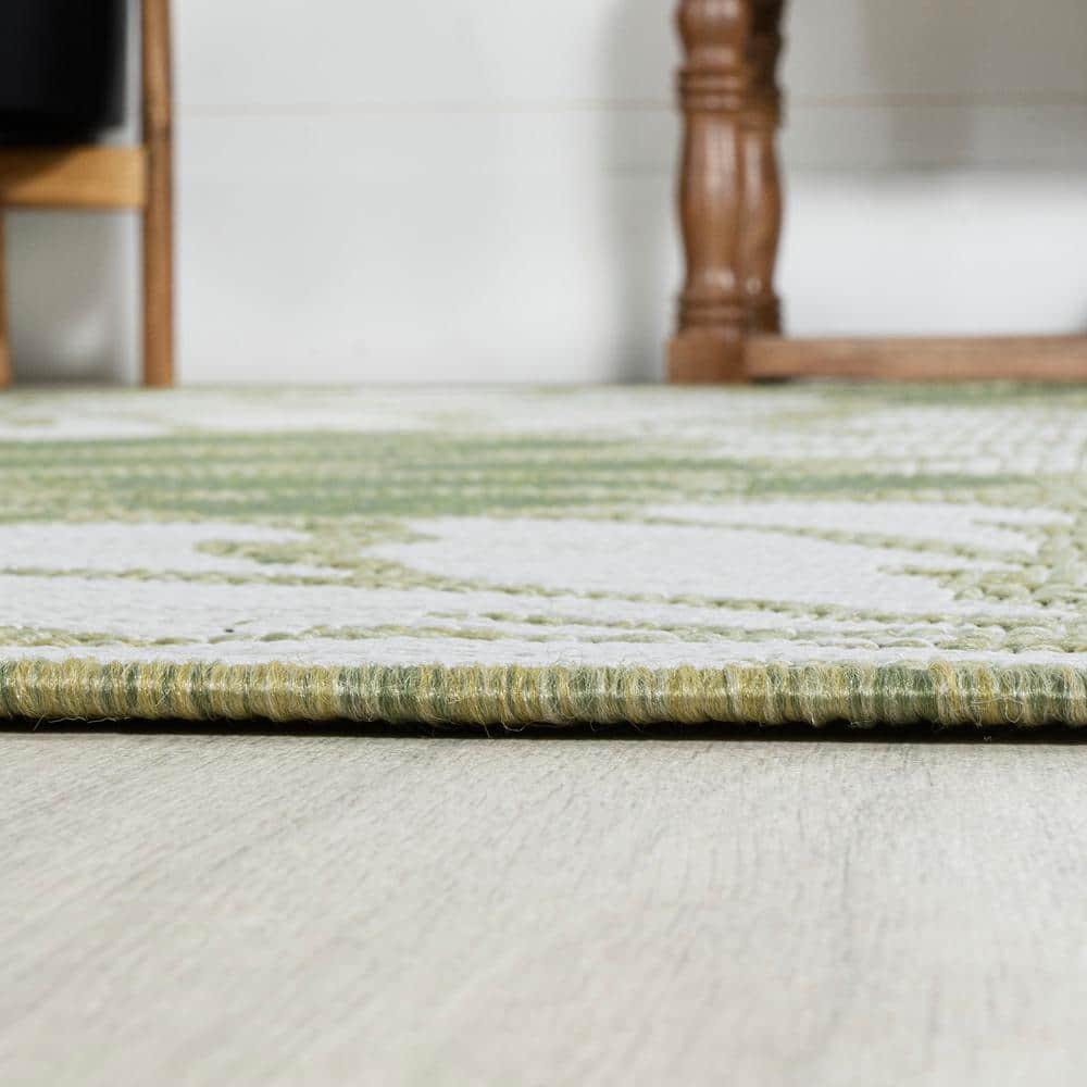 5' x 5' Zinnia Modern Floral Textured Weave Indoor/Outdoor Area Rug, Green/Cream - JONATHAN Y