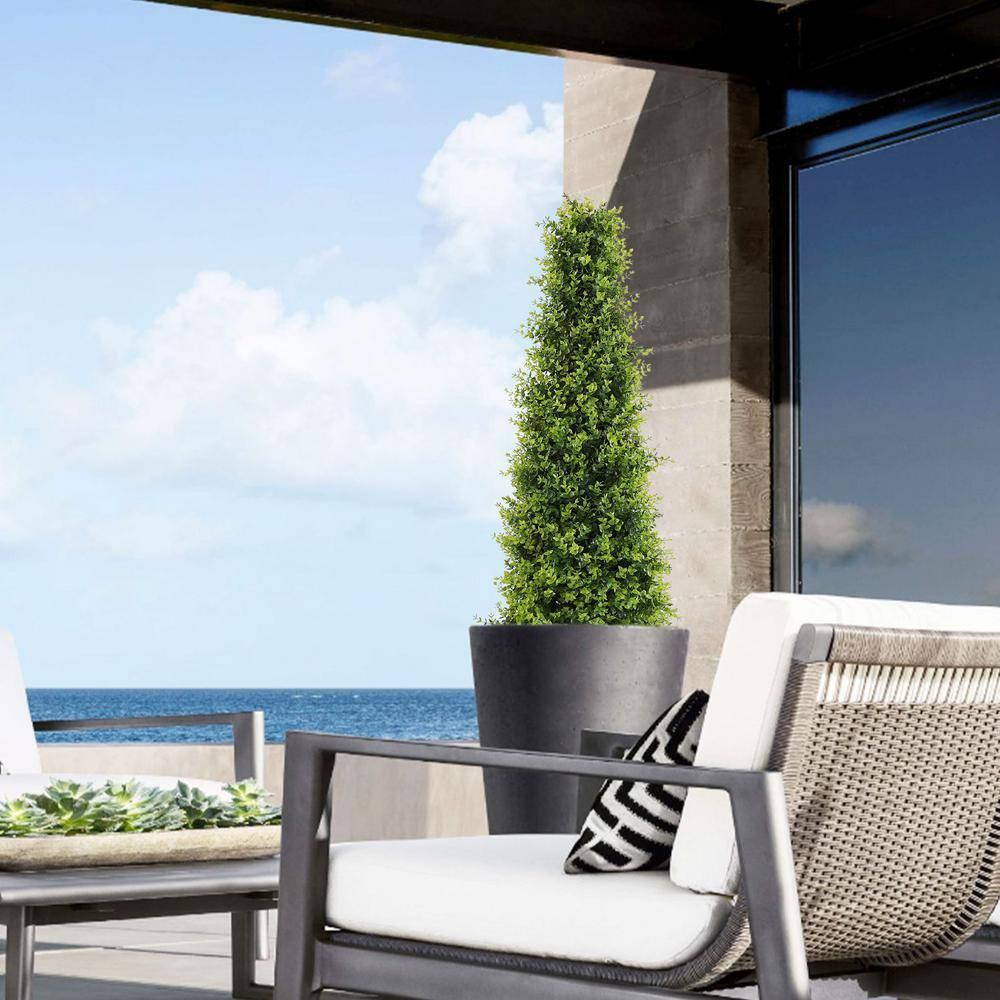 4ft Artificial Boxwood Topiary Trees, Set of 2 – UV Resistant Faux Evergreen Shrubs and Bushes for Outdoor Planters, Realistic Fake Plants for Front Porch Outside Patio Yard, 4 Foot Tall