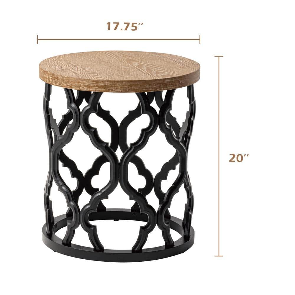 Farmhouse End Table, Distressed Wood Top Side Table with Curved Motif Frame Base for Modern, Rustic, Round, Black