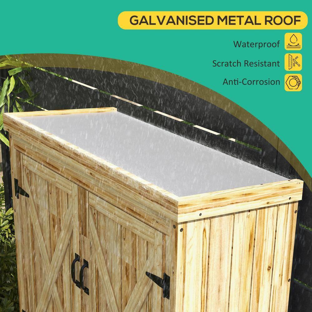 Outsunny Outdoor Storage Cabinet, Wooden Garden Storage Shed with Waterproof Galvanized Metal Roof, Natural