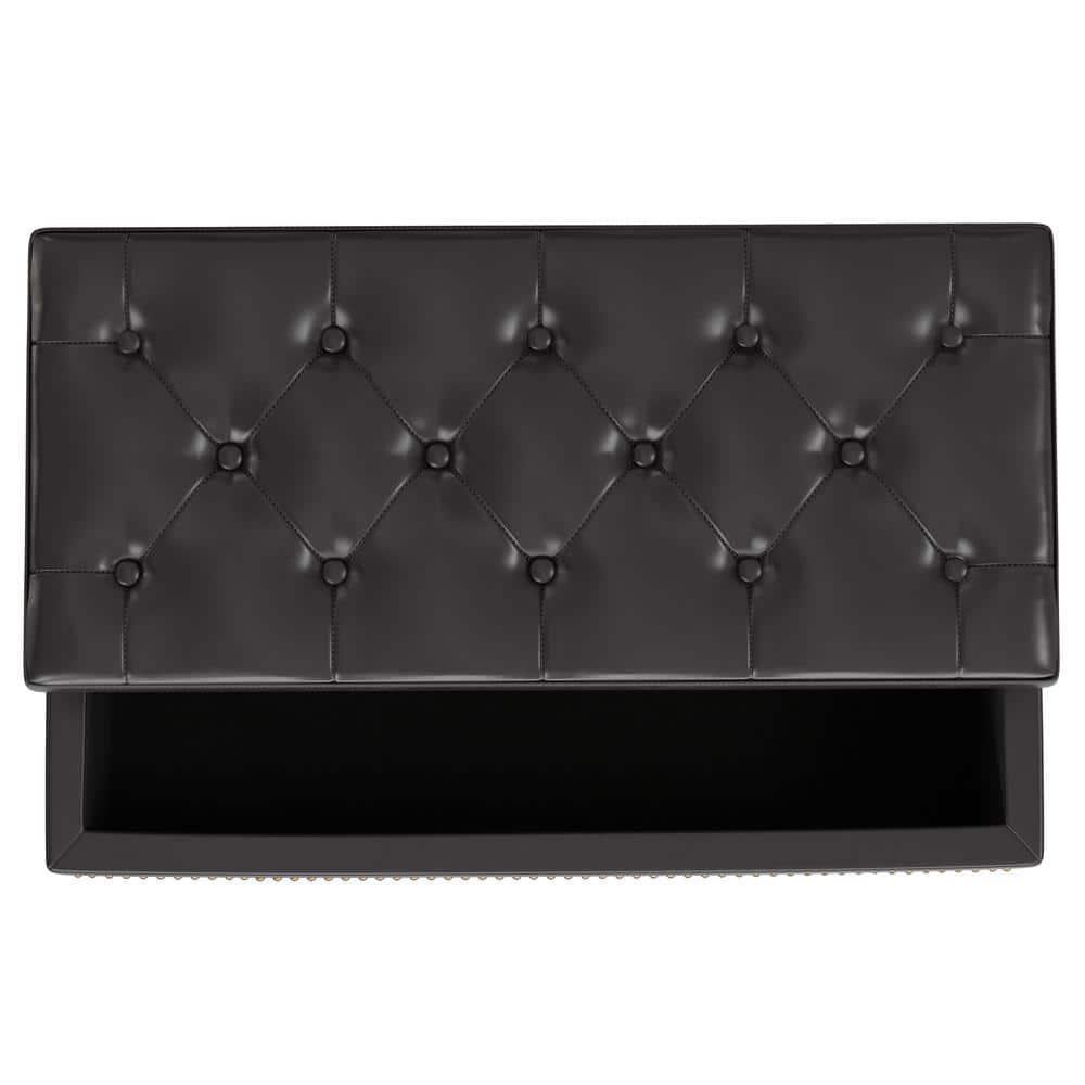Simpli Home Hamilton 44"W Upholstered Lift-Top Storage Ottoman with Nailhead Trim and Tufted Detailing