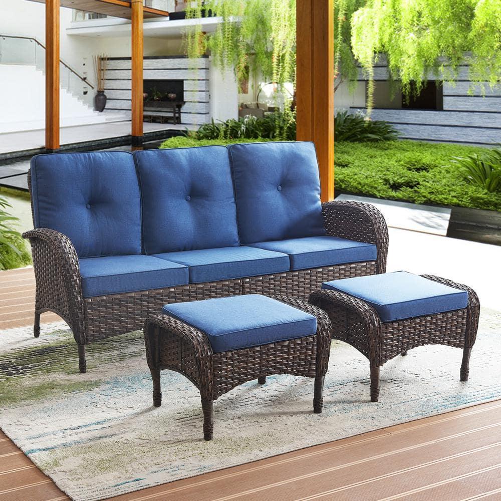 Flat Armrest Series Brown Wicker Outdoor Patio Ottoman with CushionGuard Blue Cushions (2-Pack)