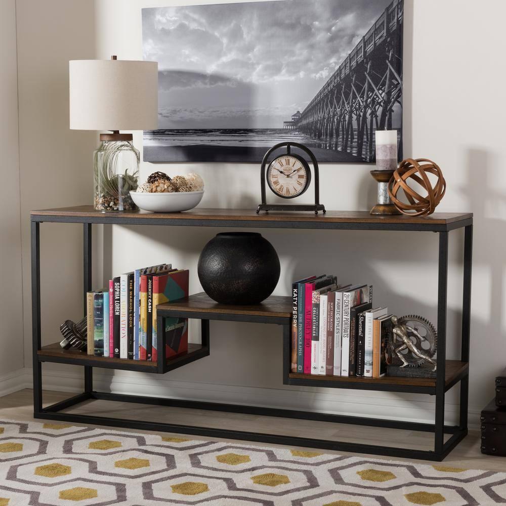Doreen Rustic Industrial Style Antique Textured Finished Metal Distressed Wood Console Table - Black - Baxton Studio
