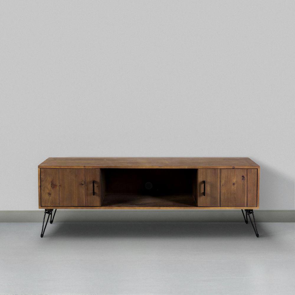 60 Inch Reclaimed Wood Rectangle Farmhouse Tv Stand Media Console, 2 Doors, Iron Legs, Natural Brown