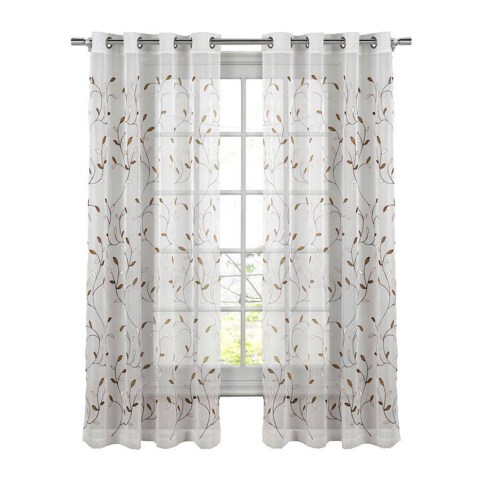 Grommet Curtain Panel, Embroidered Sheer Extra-Wide, Beige 54" x 84"