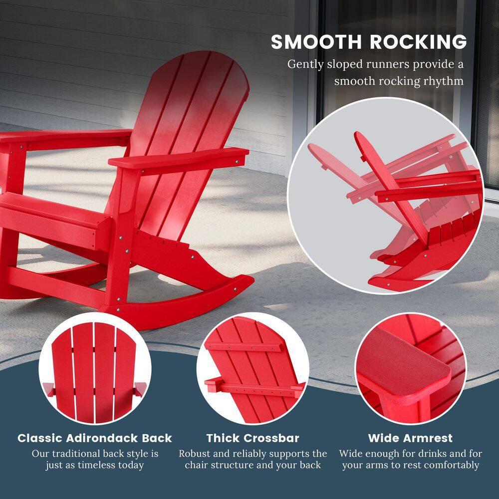 JUSTLET Plastic Adirondack Rocking Chair,HDPE All-Weather Outdoor Rocking Adirondack Chair for Porch, Patio, Balcony,Red