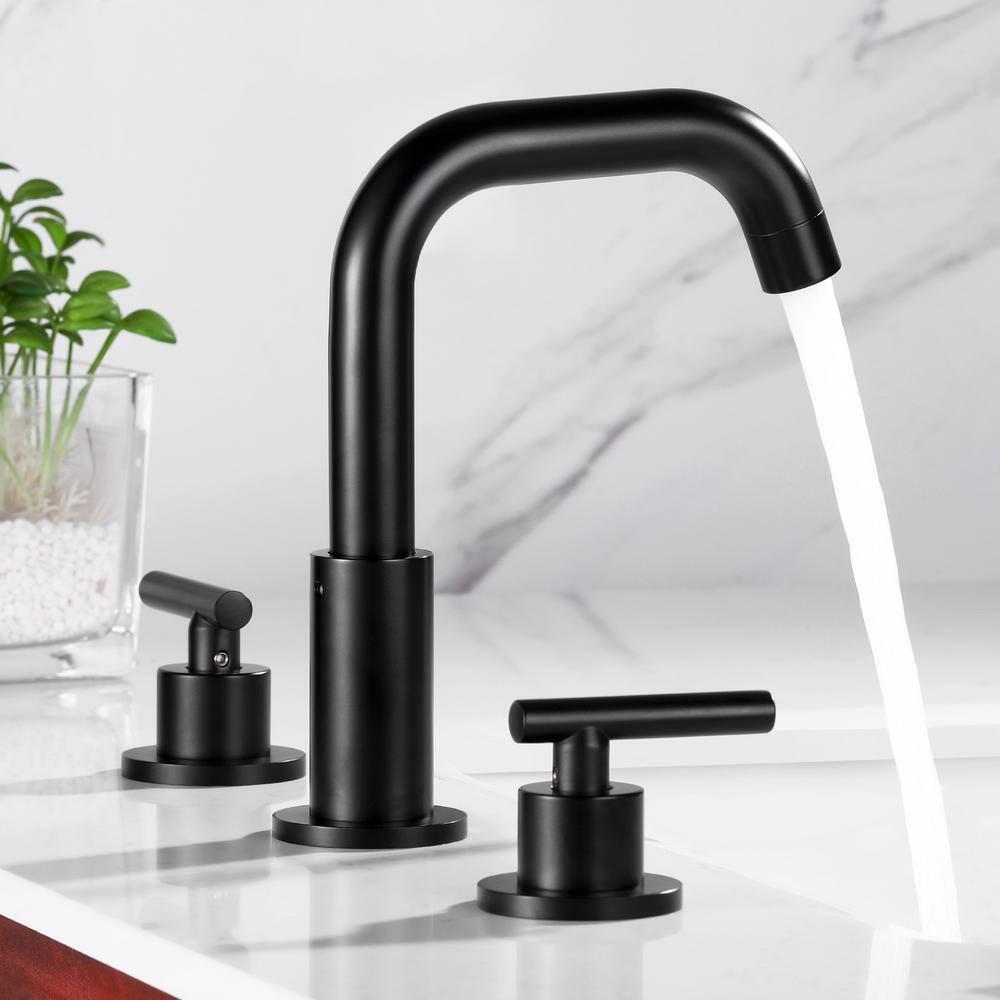 Matte Black 8 inch Widespread Bathroom Sink Faucet Vanity Lavatory Faucet for 3 Holes with Pop up Drain and 360 Degree Swivel Brass Spout