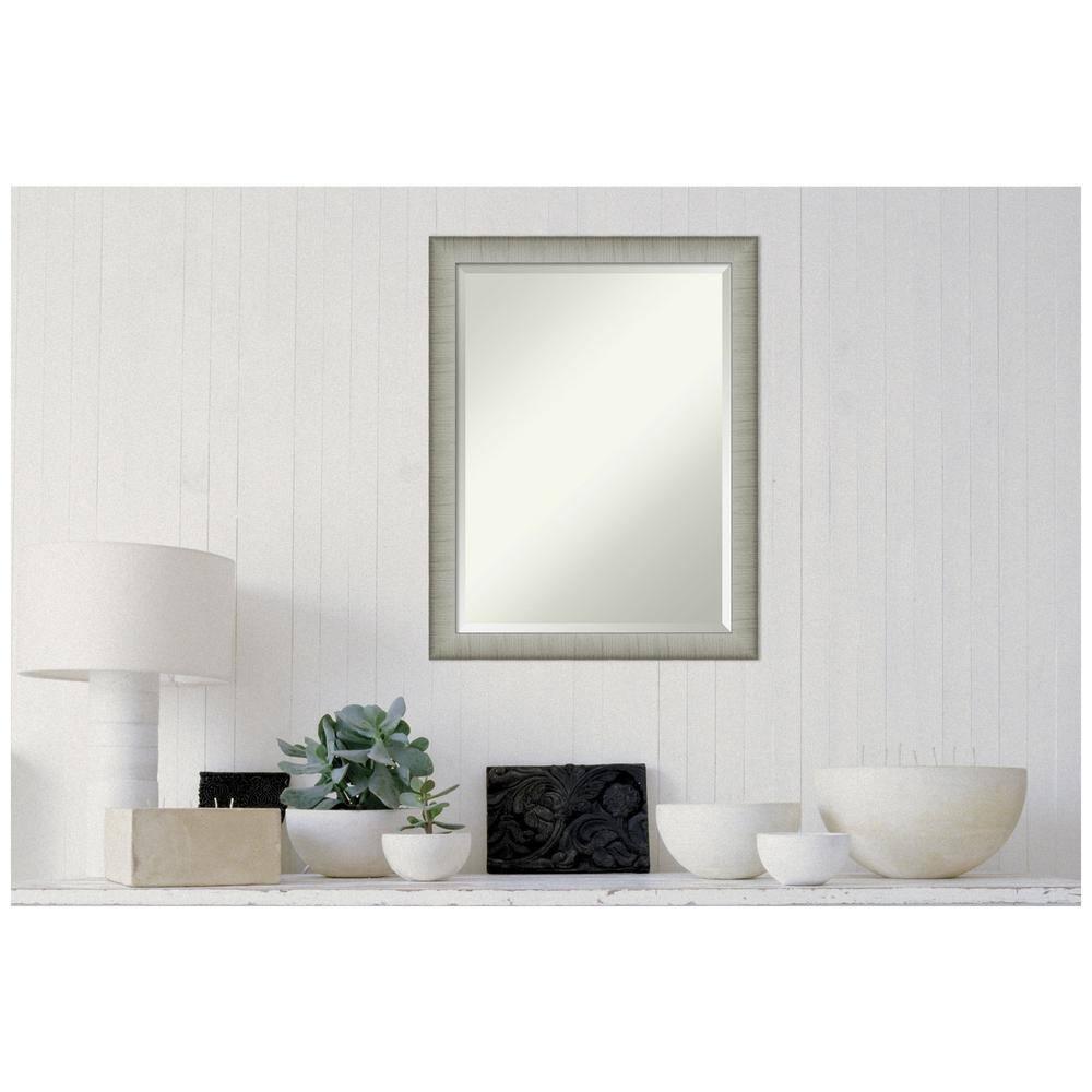 Amanti Art Beveled Bathroom Wall Mirror - Elegant Frame Elegant Brushed Pewter Narrow Outer Size: 21 x 27 in Silver
