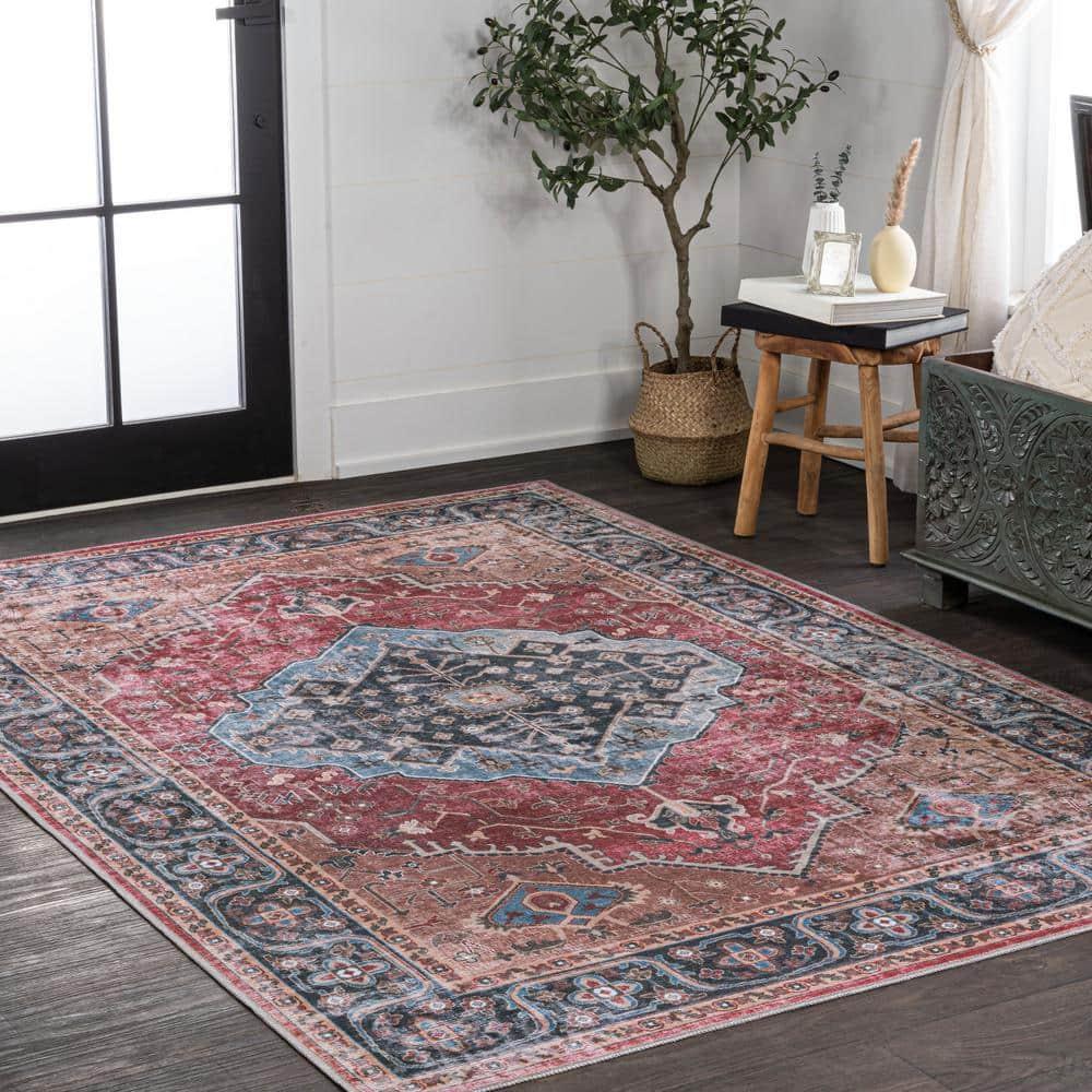 Alacati Ogee Medallion Machine-Washable Red/Blue/Brown 3 ft. x 5 ft. Area Rug - JONATHAN Y